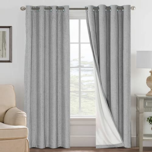 Linen Blackout Curtains 84 Inches Long 100% Absolutely Blackout Thermal Insulated Textured Linen Look Curtain Draperies Anti-Rust Grommet, Energy Saving with White Liner, 2 Panels, Dove Gray