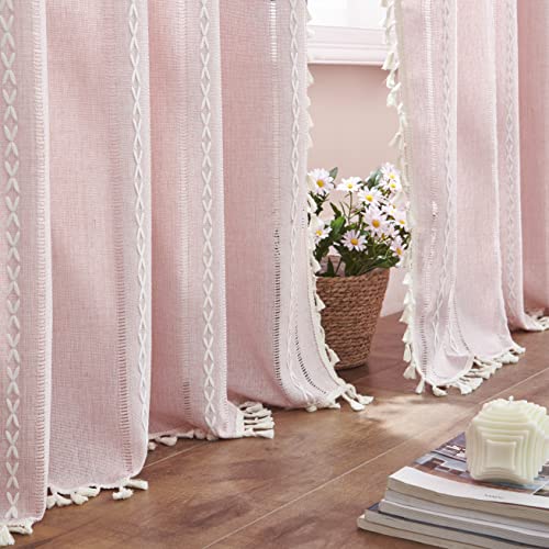 Linen Boho Curtains - Cute Embroidered Pink Curtains for Girls Bedroom