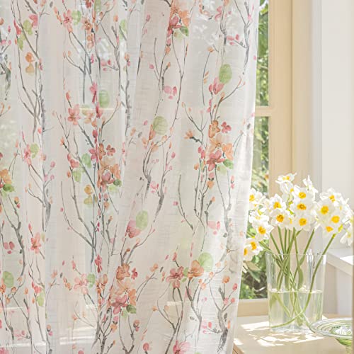 Linen Textured Semi-Sheer Floral Curtains