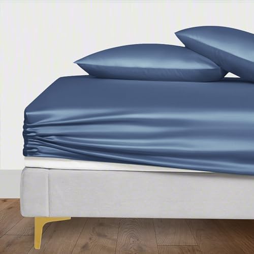 LINENWALAS Queen Fitted Sheet Only, 100% Organic Bamboo Silk Bottom Sheet, Deep Pocket Fitted Sheet for Queen Size Bed Silky, Soft Cooling Fitted Bed Sheet (Bahamas Blue, Queen)