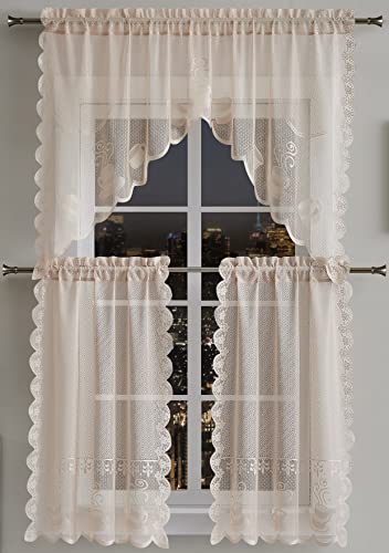 LinenZone Lace Valance and Kitchen Tiers Curtains Set