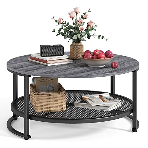 LINSY HOME Large Grey Round Coffee Table with Open Storage and Metal Legs