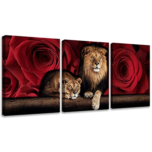 Lion Canvas Print Wall Art - Honorable and Confident Lion and Red Rose