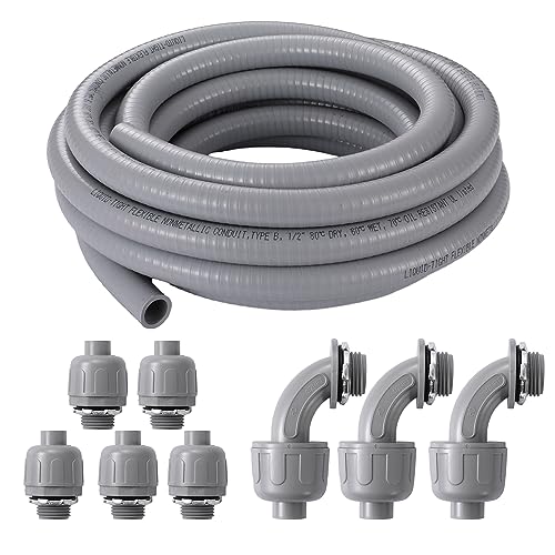 Liquid-Tight Conduit and Connector Kit,1/2" 25ft Flexible Non Metallic Liquid Tight Electrical Conduit,with 5 Straight and 3 Angle Fittings Included