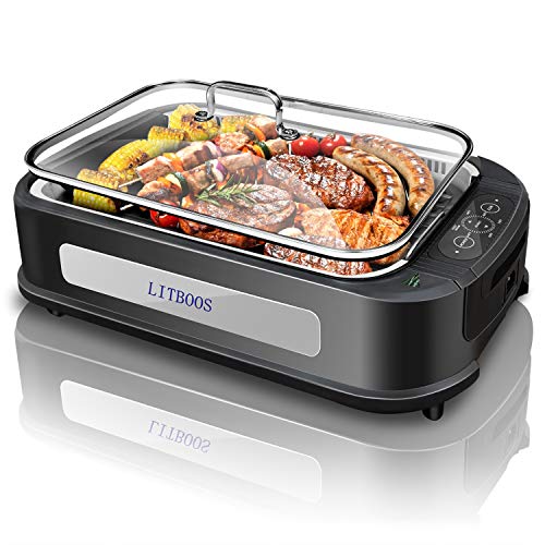 Smokeless Indoor Grill and Griddle Plates, LITIFO 1500W Electric Korean BBQ  Griddle with Tempered Glass Lid, Turbo Smoke Extractor, Temperature