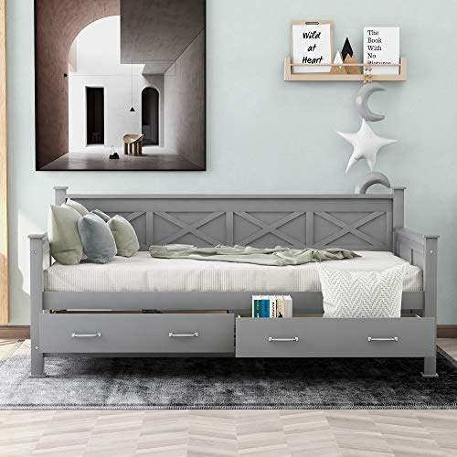 LiviNest Twin Size Wooden Daybed with Storage Drawers and Headboard