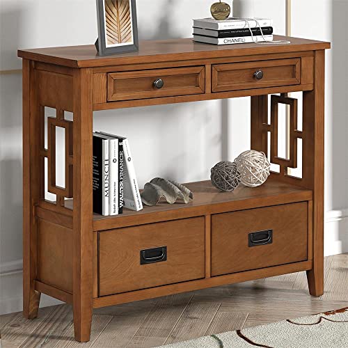 Rustic Pine Wood 4-Drawer Console Table with Shelf