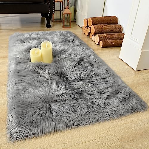 Gray Faux Fur Bedroom Rug, 2x4 Feet, Washable, Shag Carpet Home Decor