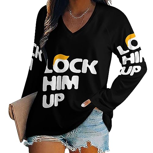 Lock HIM UP Anti Trump Women's V Neck Long Sleeve Shirt by SDERDZSE