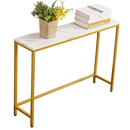 loglus Faux Marble Console Table with Golden Frame - White Marble