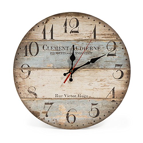 LOHAS Home 12 Inch Silent Vintage Wooden Round Wall Clock Arabic Numerals Vintage Rustic Chic Style Wooden Round Home Decor Wall Clock (Victor Hugo)