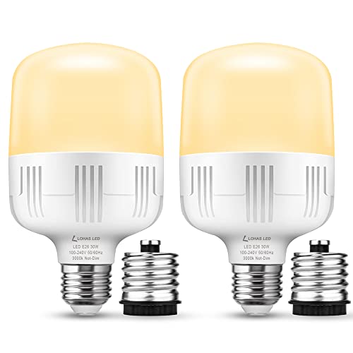 LOHAS Super Bright Light Bulbs, 250-300W Equivalent, 3400LM E26 Garage LED Bulb, 3000K Soft White, 30 Watt High Lumen LED Bulb, w/E39 Adapter for Commercial Warehouse Workshop Factory Backyard, 2 Pack