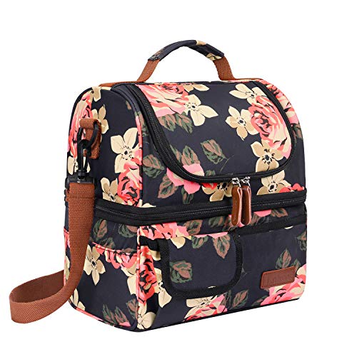 LOKASS Lunch Bag Women Double Deck Insulated Lunch Box Large Cooler Tote Bag with Removable Shoulder Strap Wide Open Thermal Meal Prep Lunch Organizer Box for Adults Work/Outdoor, Black Peony