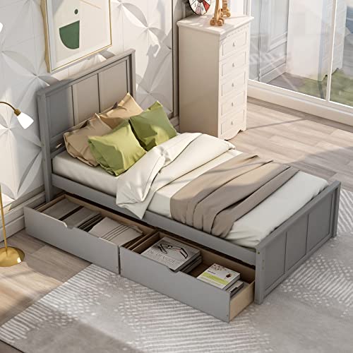 Lostcat Gray Twin Bed Frame with Storage and Headboard, Wood Slats Support