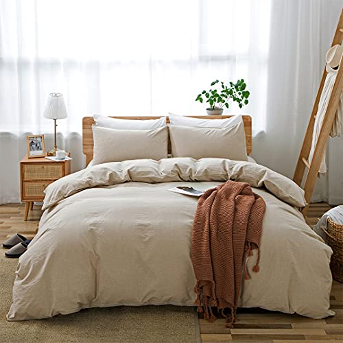 LOVQUE 100% Washed Cotton Duvet Cover King Size, Beige Linen-Like Textured Natural Bedding Set (No Comforter), 104x90 Inches