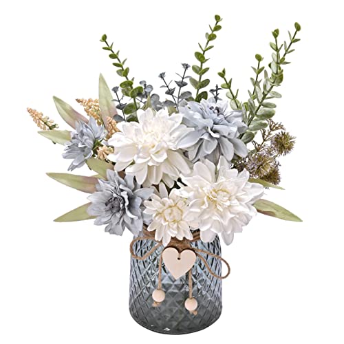 LUEUR Blue Silk Roses in Vase for Fall Home Office Decor