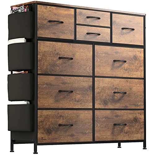 Rustic Brown Fabric Drawer Dresser with Steel Frame
