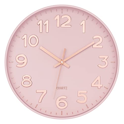 12 Inch Modern Pink Wall Clock - Silent Non-Ticking Decor for Home and Office