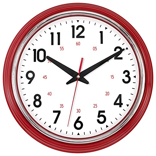 Lumuasky Red Wall Clock Battery Operated 12 inch Retro Silent Non-Ticking Round Classic Decorative Clock for Kitchen Living Room Bedroom Office