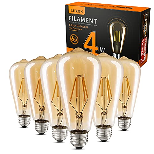 LUXON LED Edison Bulbs Dimmable Amber Glass Warm 2700K Antique Vintage Style Filament Light Bulbs 40W Equivalent E26 Base 6-Pack