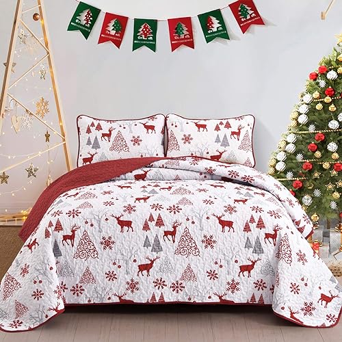 Reindeer Xmas Tree Queen Size Quilt Set - Festive Red Bedding