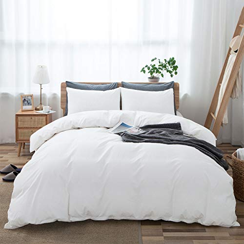 LOVQUE 100% Cotton Duvet Cover Twin Size, White Linen-Like Bedding Set