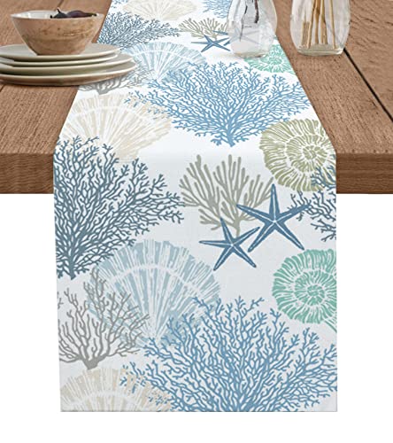 Luxurious Blue Teal Coral Cotton Linen Table Runner