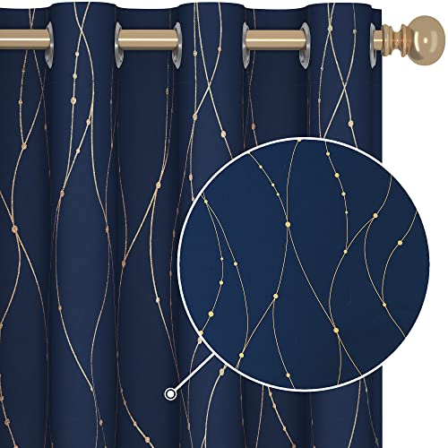 Luxurious Navy Blue and Gold Blackout Curtains - 84 Inches Long