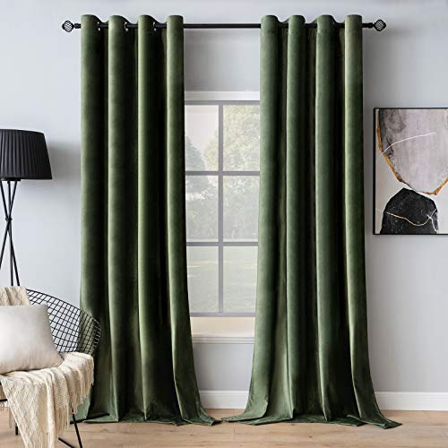 MIULEE Velvet Olive Green Extra Long Grommet Curtains Set of 2