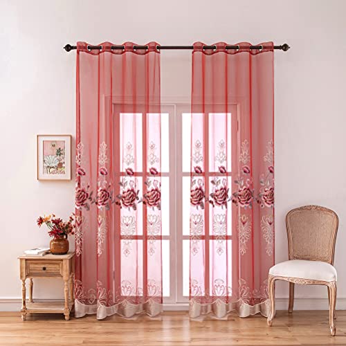 Luxury Burgundy Red Floral Sheer Curtains
