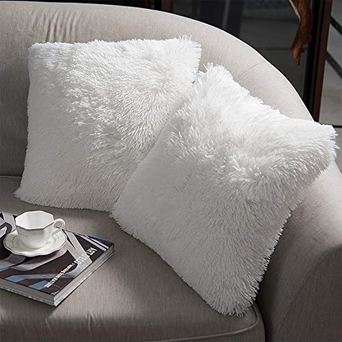 Luxury Faux Fur Cushion Cover Pillowcase, 18x18 Inch, White, 2 Pack