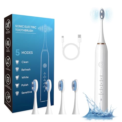 LVLAM Sonic Electric Toothbrush for Adults - Rechargeable Smart Automatic Power Toothbrushes with 4 Heads 5 Modes,Soft Dupont Bristles IPX7 Waterproof (White)