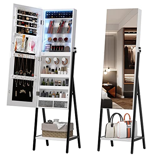 Full Length LED Jewelry Mirror Cabinet, Lockable Standing Armoire - White