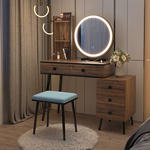 LVSOMT Vanity Desk with 3-Color Lighted Mirror