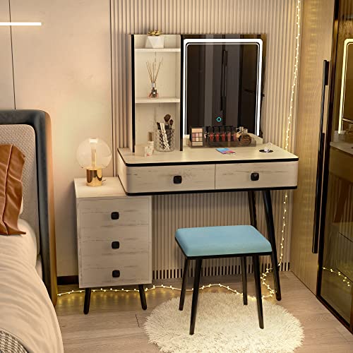 Lighted Mirror Vanity Desk with Charging Station & Storage
