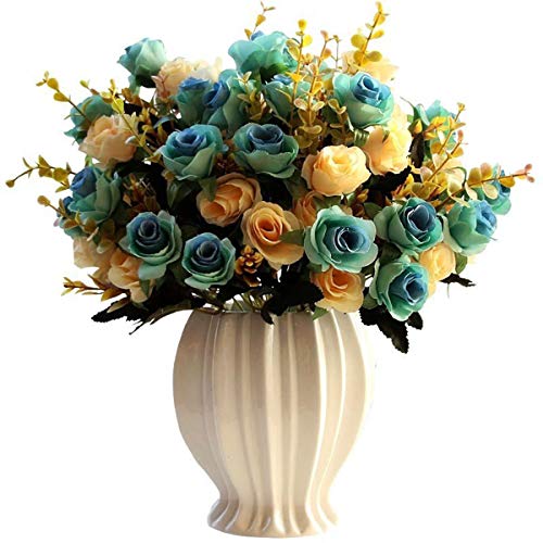 Blue Artificial Rose Bouquet in Ceramic Vase for Home and Office Decor