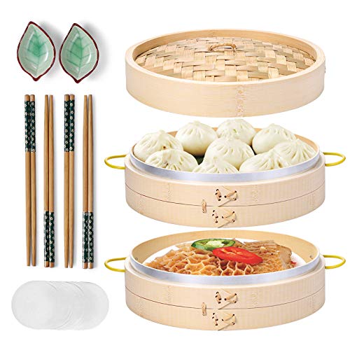 MacaRio Bamboo Steamer Set - 10 inch Steamer for Cooking