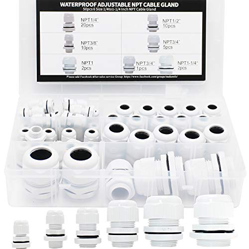 MAKERELE Nylon Waterproof NPT Cable Glands electrical conduit connectors Kit 50pcs 1/4” 3/8” 1/2” 3/4” 1” 1-1/4” cord grip strain relief Grey With Gaskets