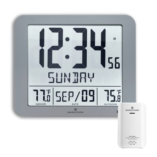 MARATHON Graphite Gray Slim Wall Clock with Full Calendar & Temperature Display