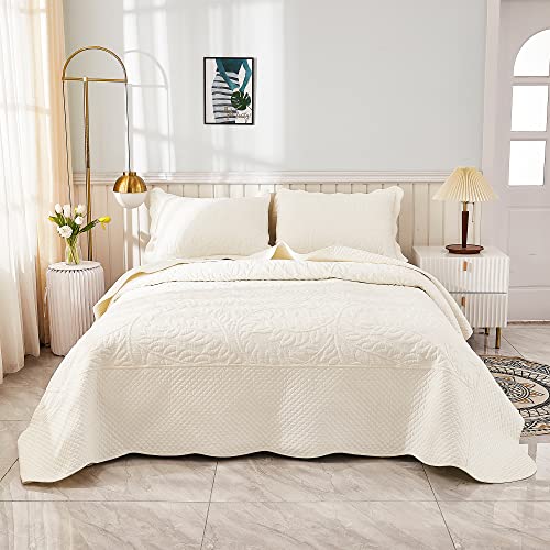 MarCielo 3-Piece Embroidered Cotton Bedspread Set - Soft White, Queen Size
