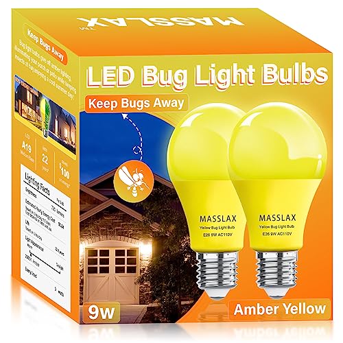 MASSLAX 2-Pack Amber Yellow LED Bug Light Bulbs: Outdoor Dimmable 9W