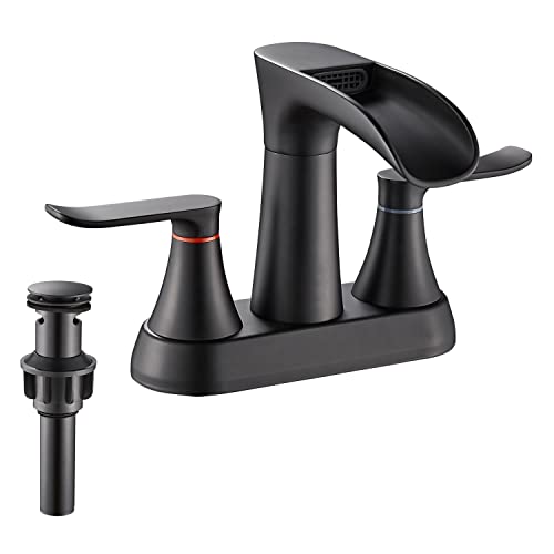 YUNDOOM Matte Black 2-Handle Waterfall Bathroom Faucet with Swivel Spout