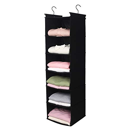 MAX Houser 6 Tier Shelf Hanging Closet Organizer, Closet Hanging Shelf with 2 Sturdy Hooks for Storage, Foldable (Black)
