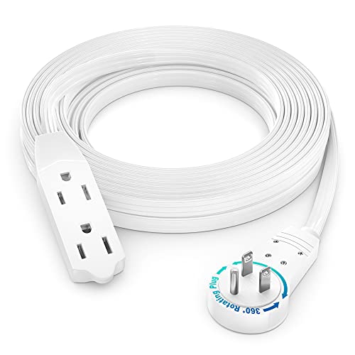 Maximm Cable 15 Ft 360° Rotating Flat Plug Extension Cord/Wire, 16 AWG Multi 3 Outlet Extension Wire, 3 Prong Grounded Wire - White - UL Certified