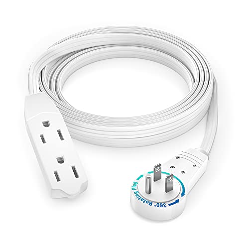 Maximm Cable 8 Ft 360° Rotating Flat Plug Extension Cord/Wire, 16 AWG Multi 3 Outlet Extension Wire, 3 Prong Grounded Wire - White - UL Certified
