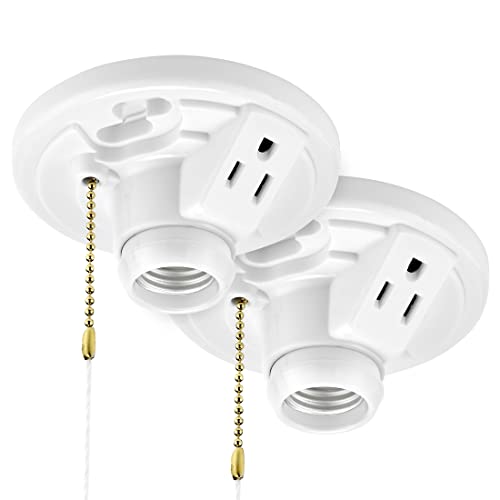 Maxxima Plastic Lamp Holder, w/Outlet and Pull Chain One-Piece Medium Base, E26 Socket Outlet Box Mount, 660W (2-Pack)