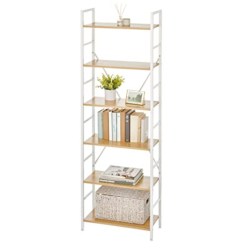 mDesign 6 Tier Industrial Bookshelf in White/Oak