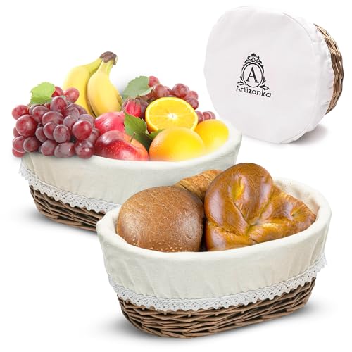 Medium Bread Basket for Serving Set - 11x8" Wicker Basket with Removable Liner and Cover Bread Serving and Bread Warmer Basket for Table Sourdough Bread Basket by Artizanka