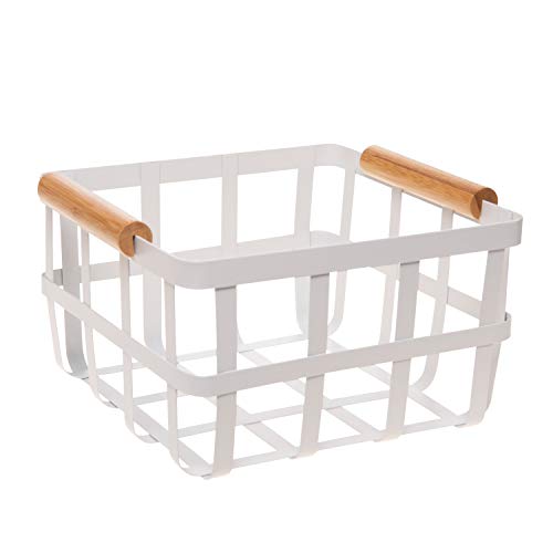 Medium Square Metal Storage Basket with Bamboo Handles