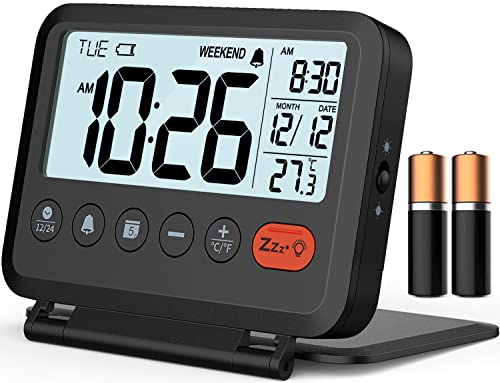 Compact Digital Travel Alarm Clock with Date Temperature Snooze Backlight